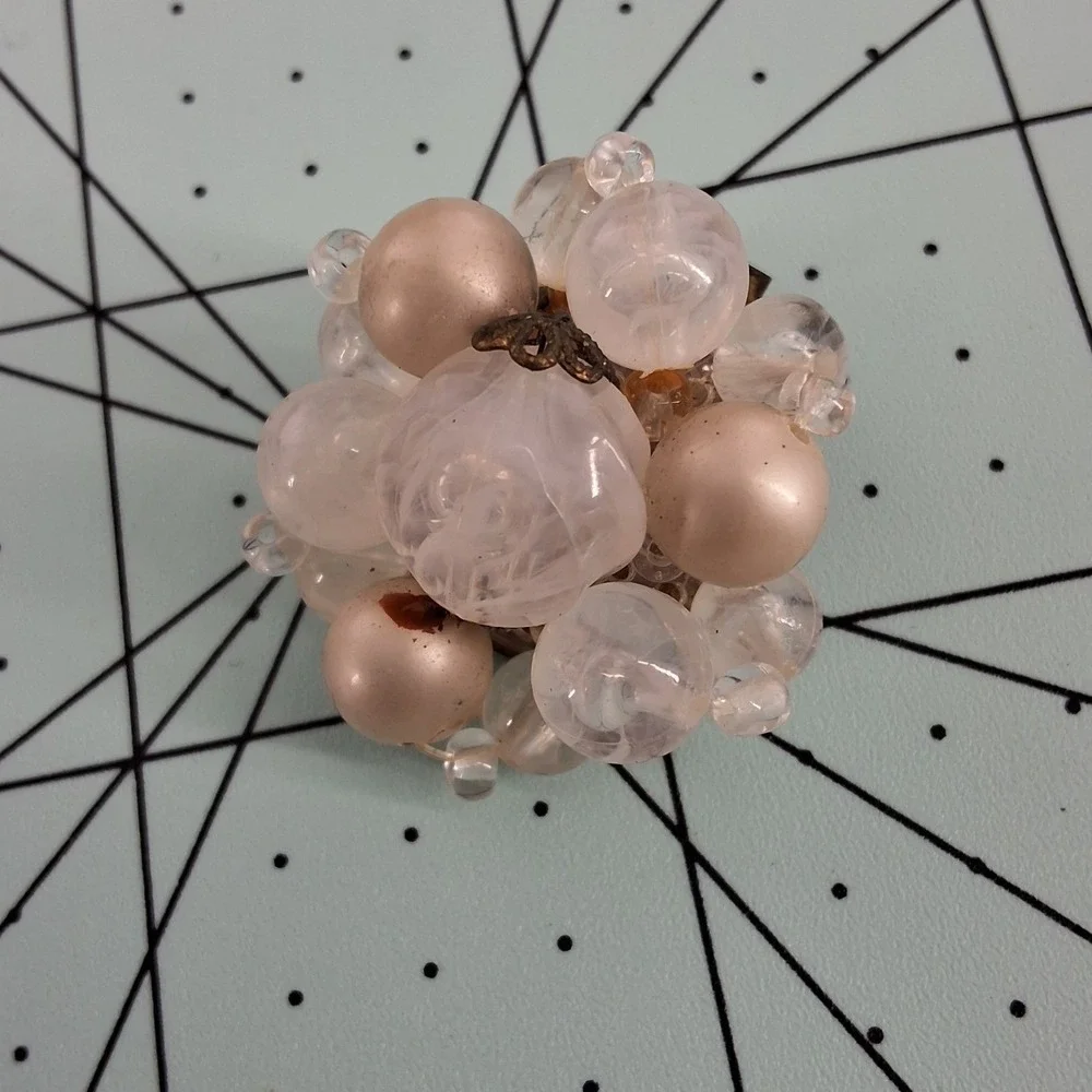 Vintage West Germany‎ Pink Swirl Lucite & Faux Pearl Cluster Clip-On Earrings